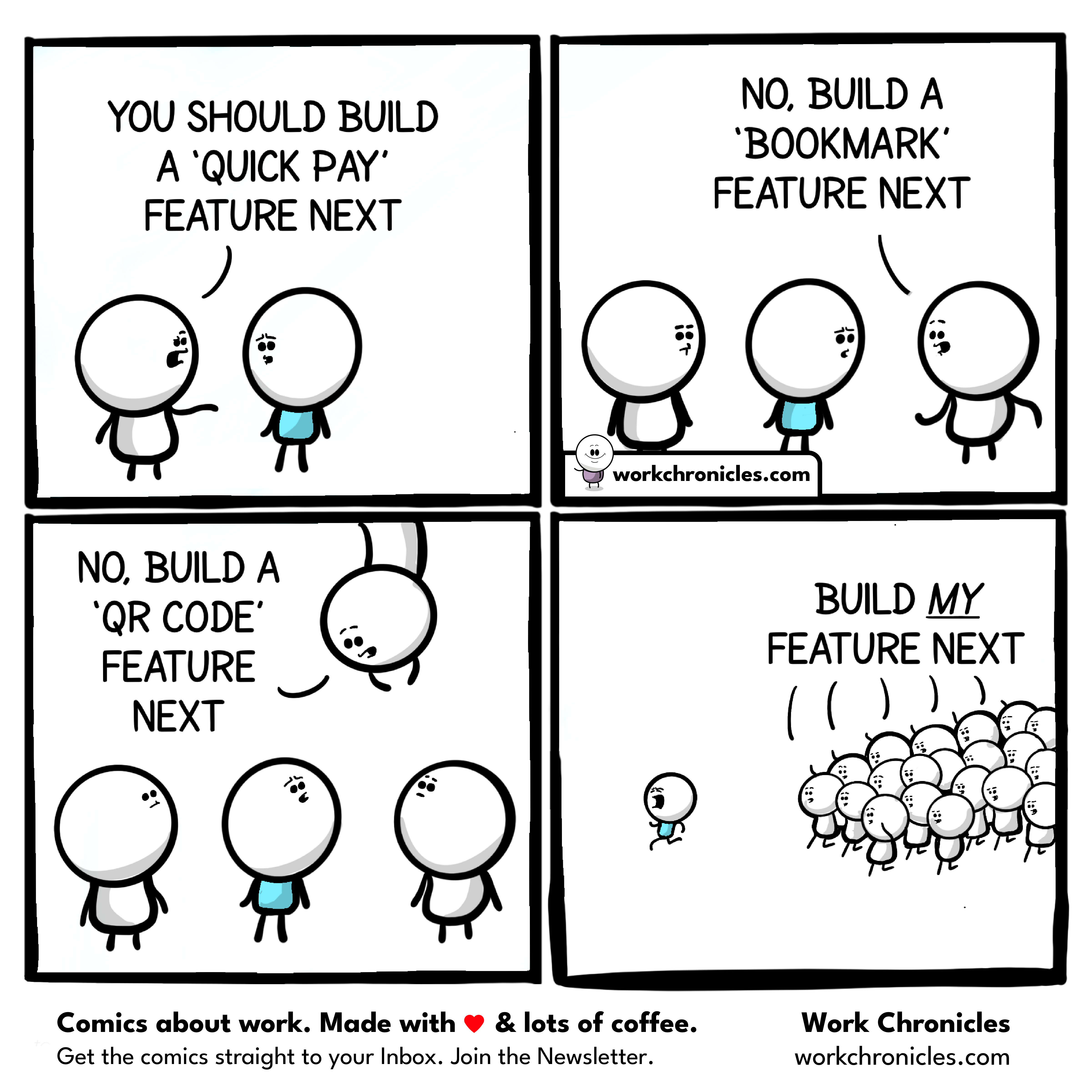 A comic showing the difference between building features and solving problems.